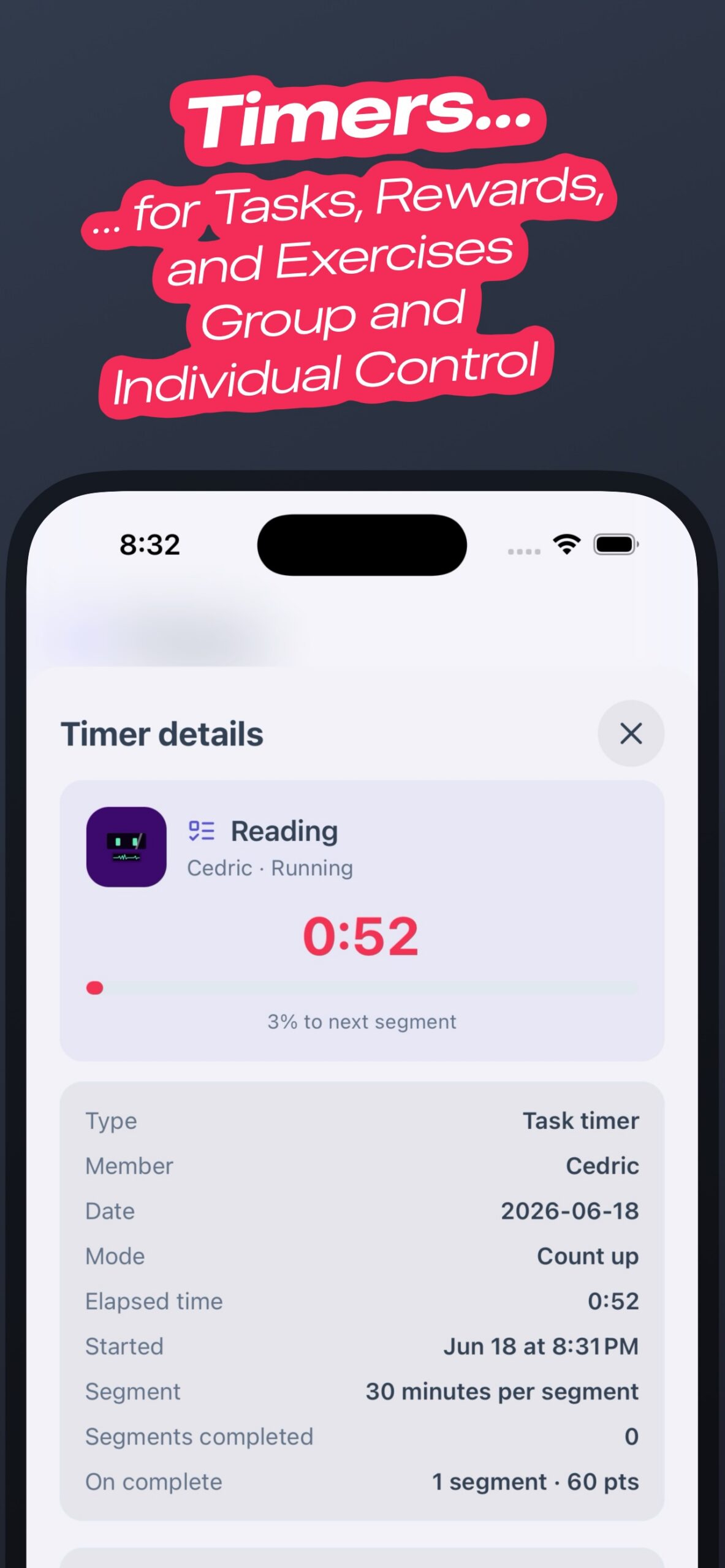FamilyFit Reading timer — voice-start Reading time