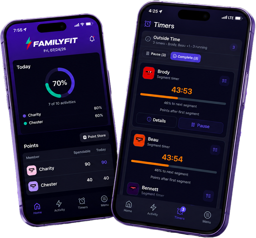 FamilyFit on two phones: Home progress for Charity and Chester, and Timers for Brody, Beau, and Bennett
